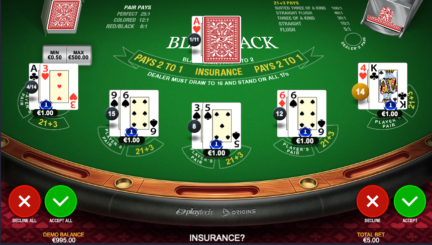 Screenshot of Premium Blackjack showing five hands dealt